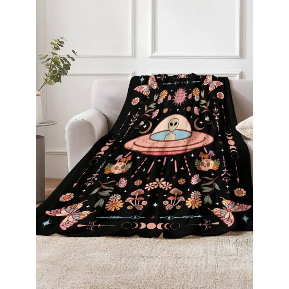1pc Vintage Occult Alien UFO Butterfly Flower Plant Skull Sun And Moon Blanket